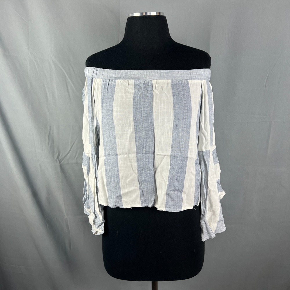 Seek The Label Off The Shoulder Top Womens XS Blue White Striped Bell Sleeves